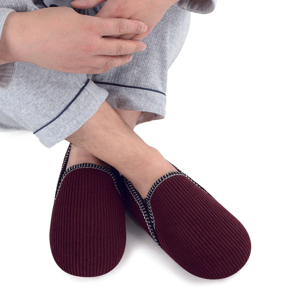 Person wearing maroon slippers on a white background