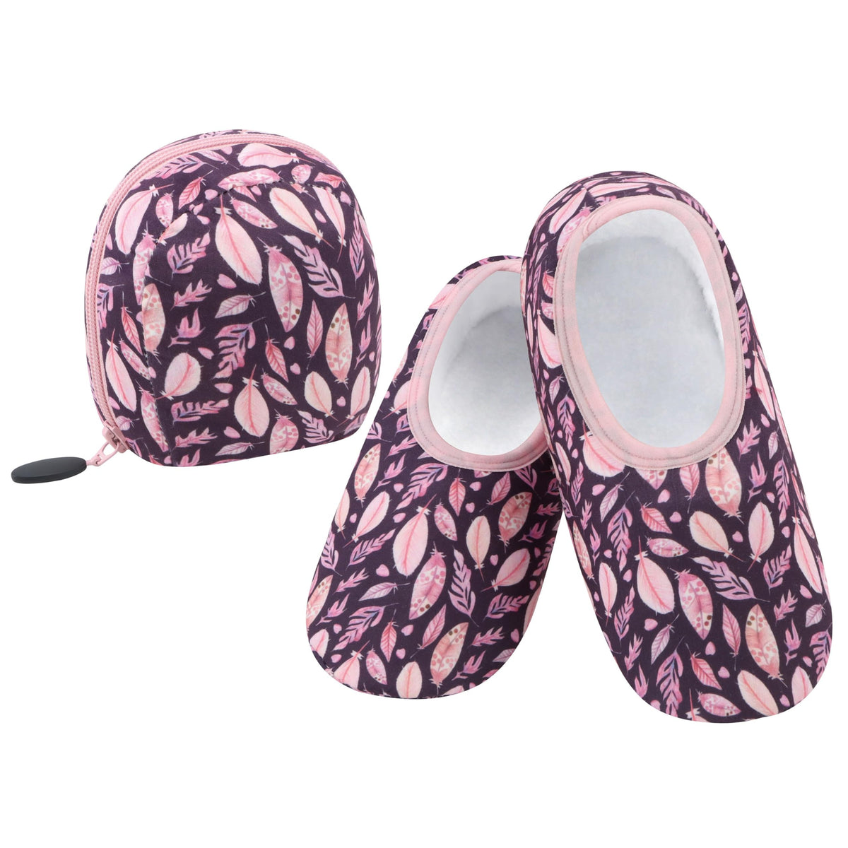 Womens Skinnies With Travel Pouch Slippers Pink Leaves – snoozies!