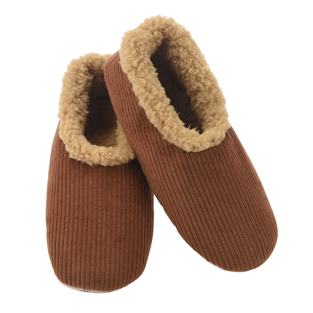 Pair of brown slippers with beige fur trim on a white background