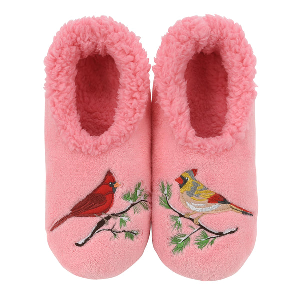 Pair of pink slippers with bird designs on a white background