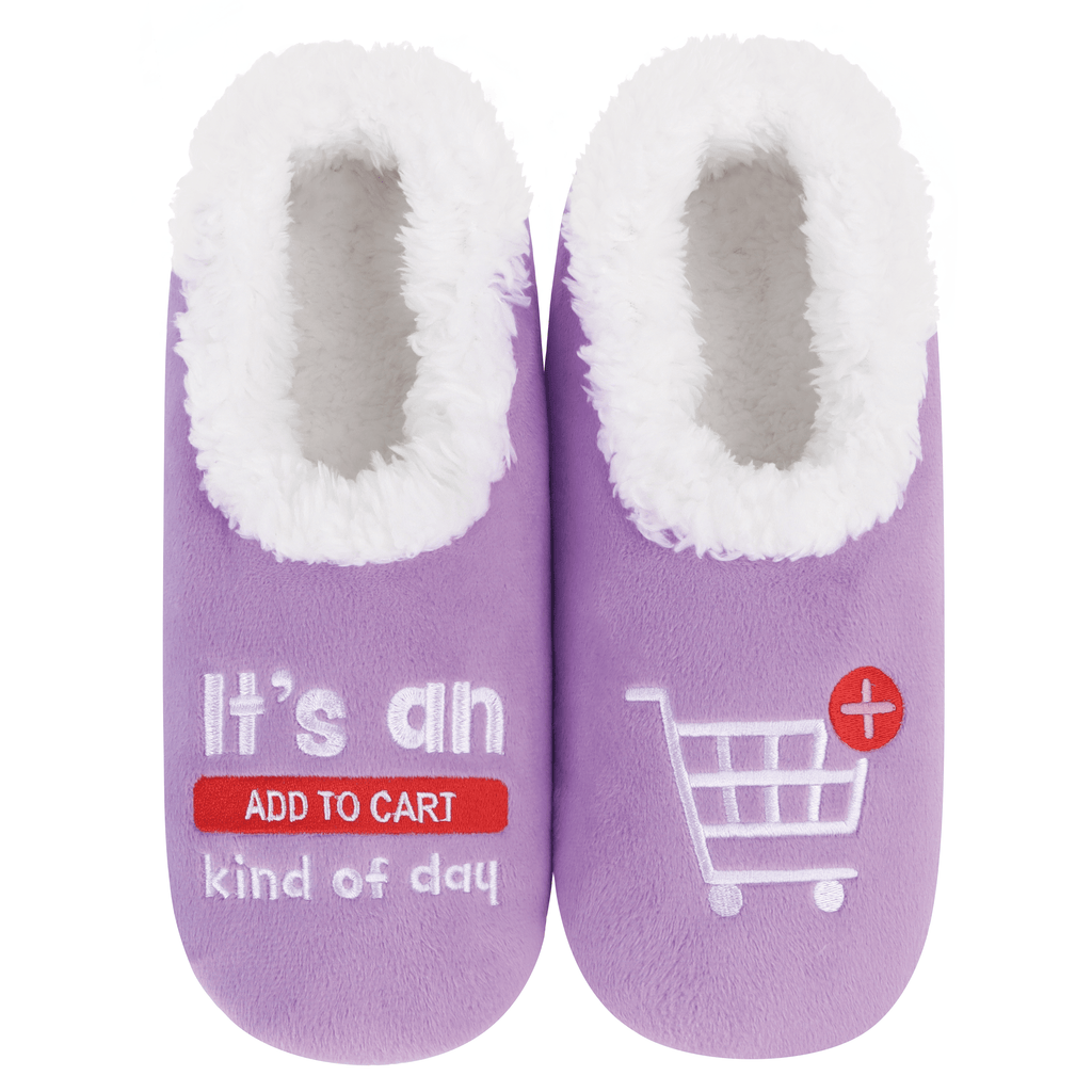 Purple slippers with white fur lining and text: "It's add to cart kind of day" on a white background