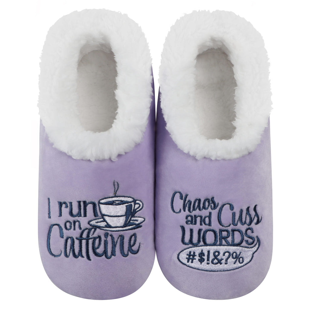 Pair of purple slippers with text and a cup design on a white background