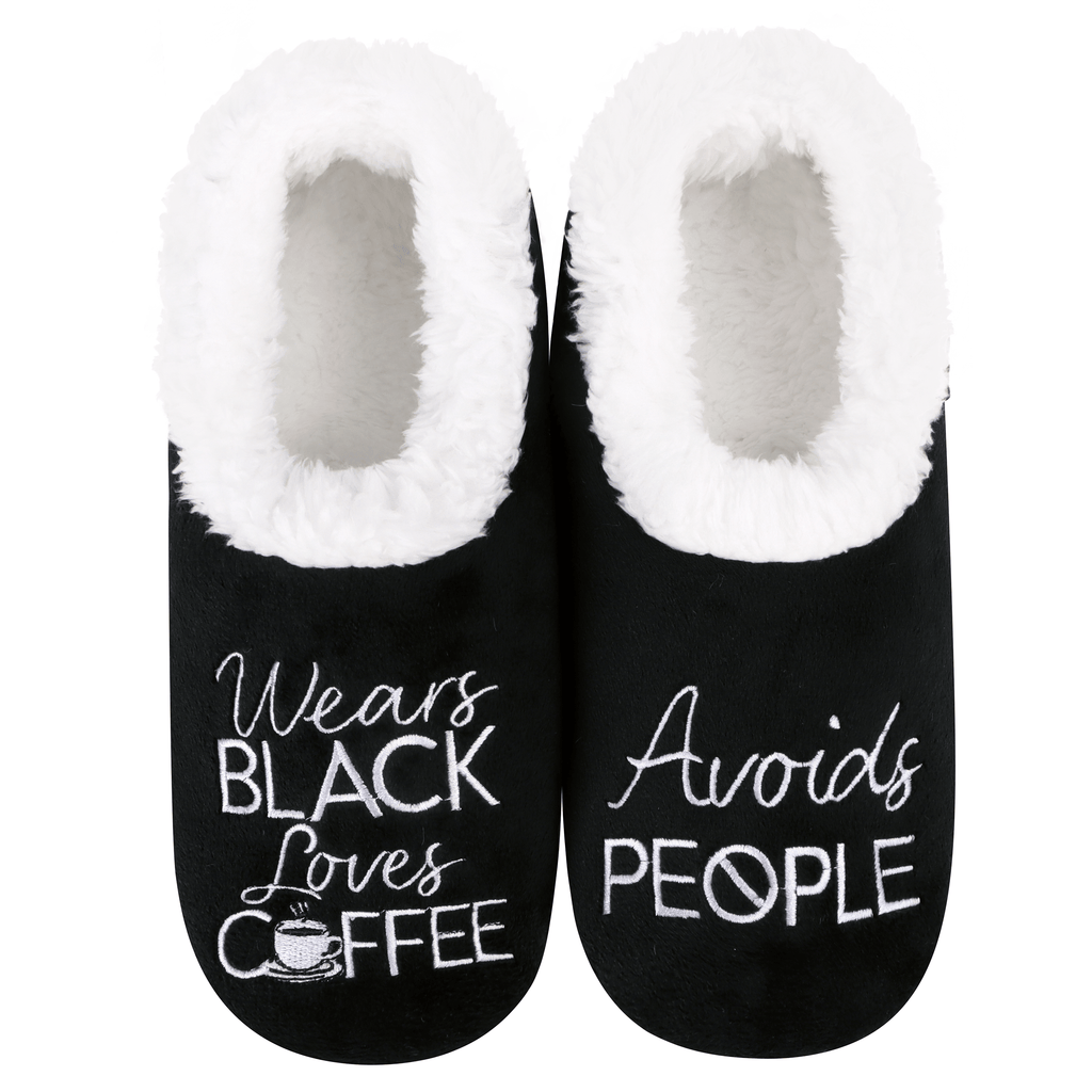 Black slippers with white text and fluffy interior on a white background