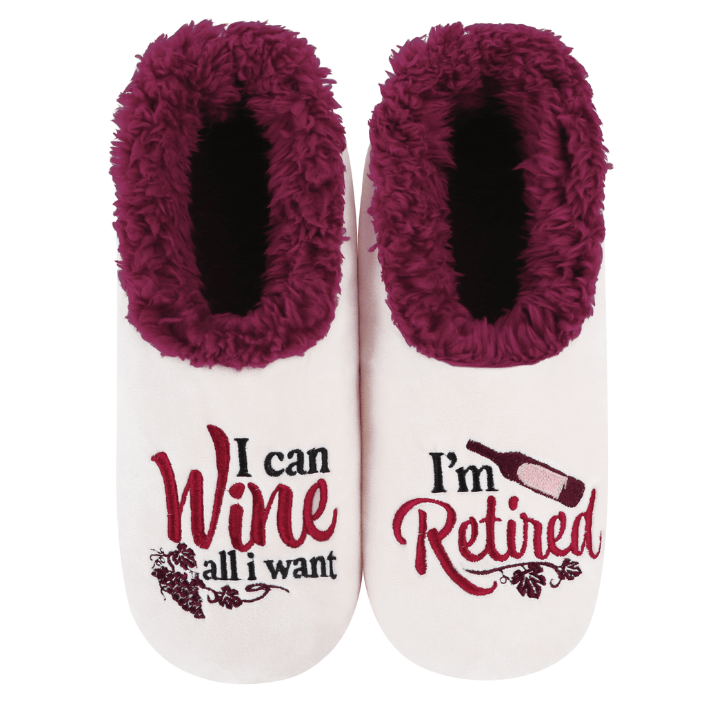 Pair of slippers with 'I can Wine all I want' and 'I'm Retired' text on a white background