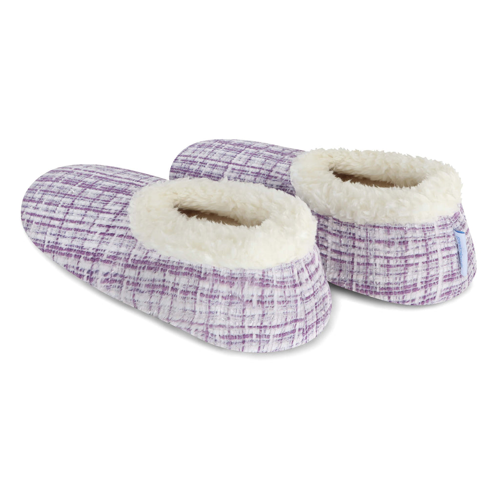 Pair of purple checkered slippers with white lining on a white background