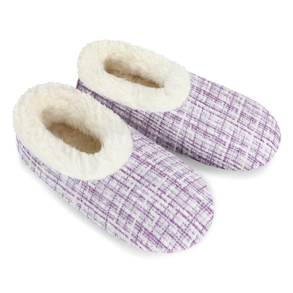 Pair of purple checkered slippers with white fuzzy lining on a white background