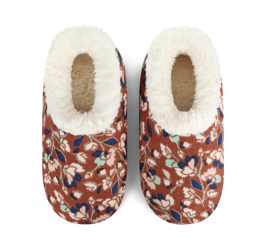 Pair of floral-patterned slippers with white fur lining on a white background