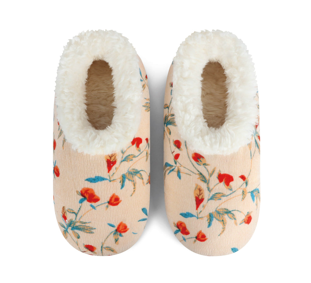 Pair of slippers with floral pattern and white fur lining on a white background