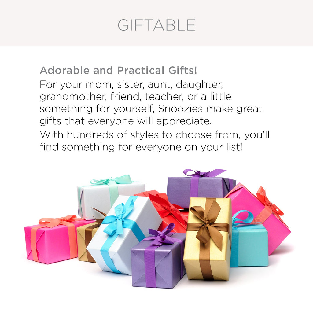 An image titled "GIFTABLE" promoting Snoozies as "Adorable and Practical Gifts!" The text suggests they are great presents for moms, daughters, friends, and more, highlighting the wide variety of styles available. Below the text is a pile of brightly colored, wrapped gift boxes with bows.