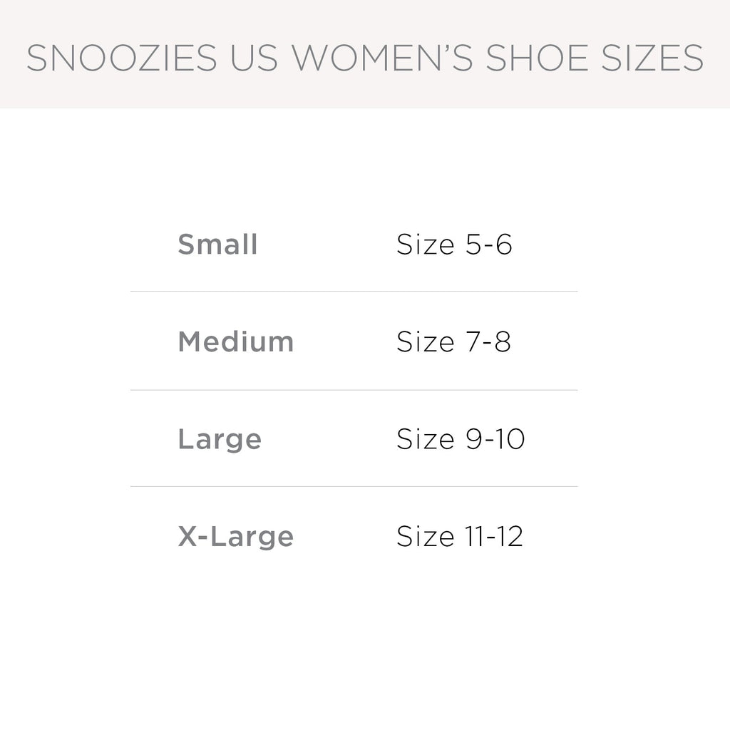 A size chart for Snoozies US Women's Shoe Sizes. The chart lists: Small for Size 5-6, Medium for Size 7-8, Large for Size 9-10, and X-Large for Size 11-12.