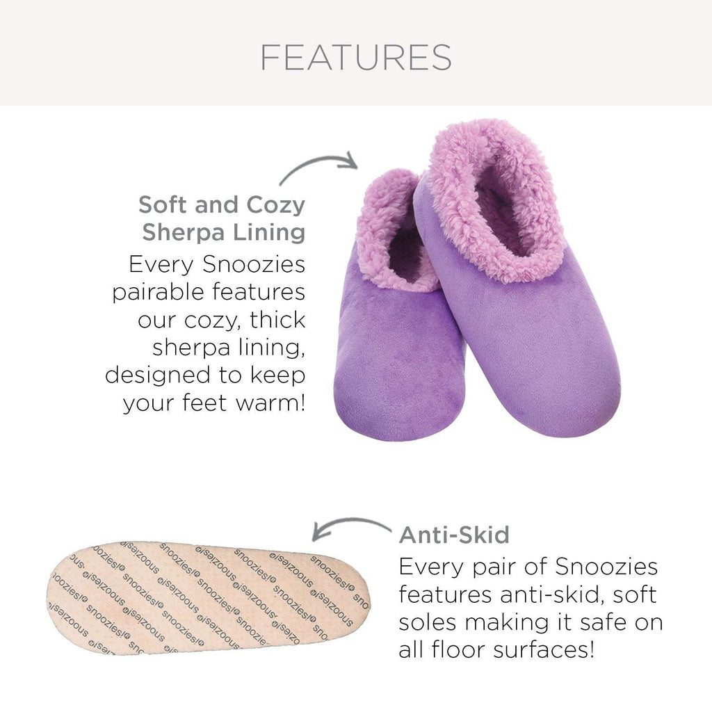 An image titled "FEATURES" showcasing two key attributes of Snoozies slippers. The top section highlights the "Soft and Cozy Sherpa Lining" with a picture of purple slippers showing their thick, fluffy interior. The bottom section displays the "Anti-Skid" sole, which is covered in a "snoozies" text pattern for grip.