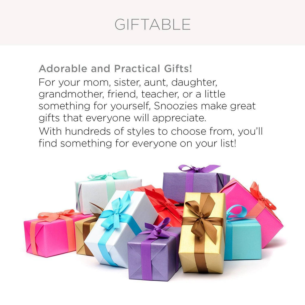 An image titled "GIFTABLE" promoting Snoozies as "Adorable and Practical Gifts!" The text suggests they are great presents for moms, daughters, friends, and more, highlighting the wide variety of styles available. Below the text is a pile of brightly colored, wrapped gift boxes with bows.